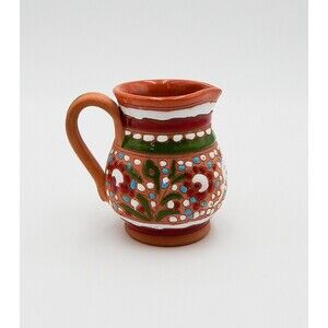 Kostas Rhodes Enamel On Clay Jug Pitcher Handmade Greece Floral Primitive